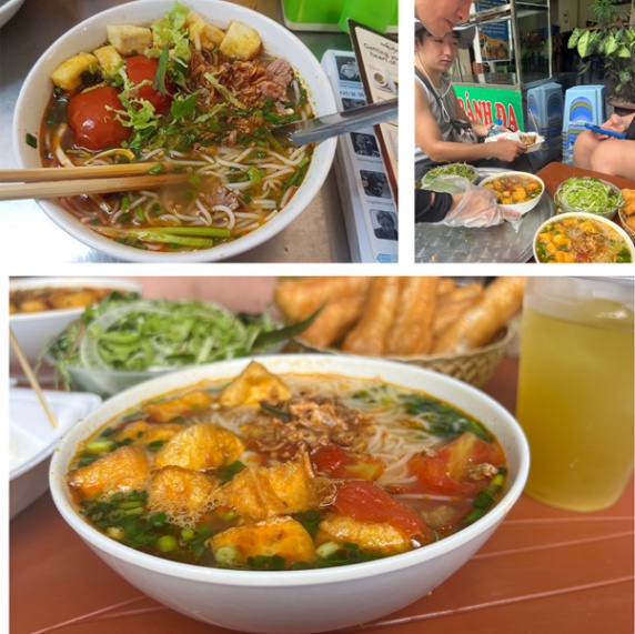 Collage of two noodle soups with tofu and a tea cup in a Vietnamese street food setting.