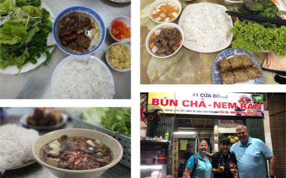 Collage of Vietnamese bun cha dishes and three people in front of a bun cha restaurant.