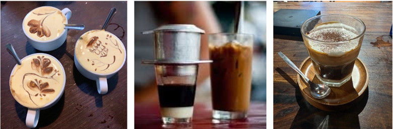 Three coffee types: Cream art cups, phin drip on glass, and cocoa-topped coffee on wooden tray.