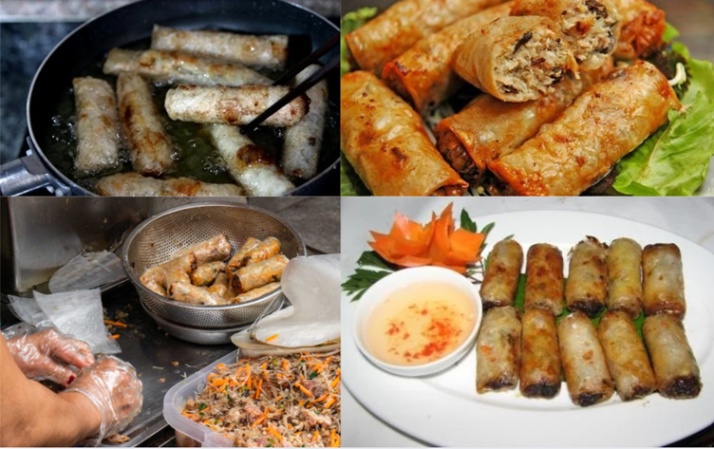 Collage of fried spring rolls being prepared, cooked, and served with dipping sauce.