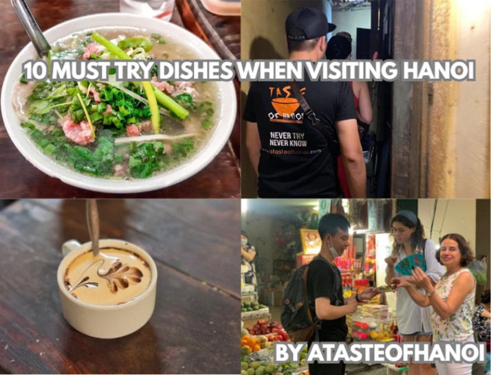 Collage: Pho bowl, coffee cup, people in narrow alley, market scene. Text: '10 Must Try Dishes When Visiting Hanoi'.