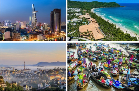 Collage: city skyline, beach resorts, foggy town, vibrant floating market.